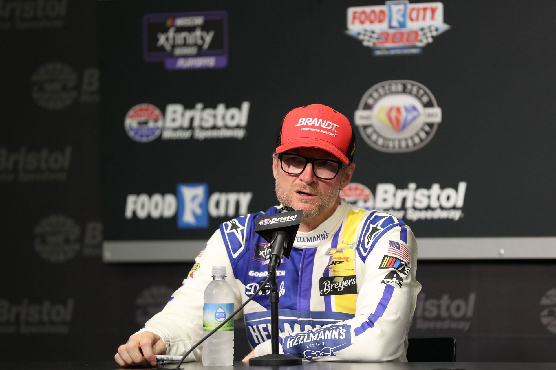 JR Motorsports owner, Dale Earnhardt Jr., speaks to the media after Justin Allgaier won the NASCAR Xfinity Series Food City 300 at Bristol Motor Speedway - Source: Getty