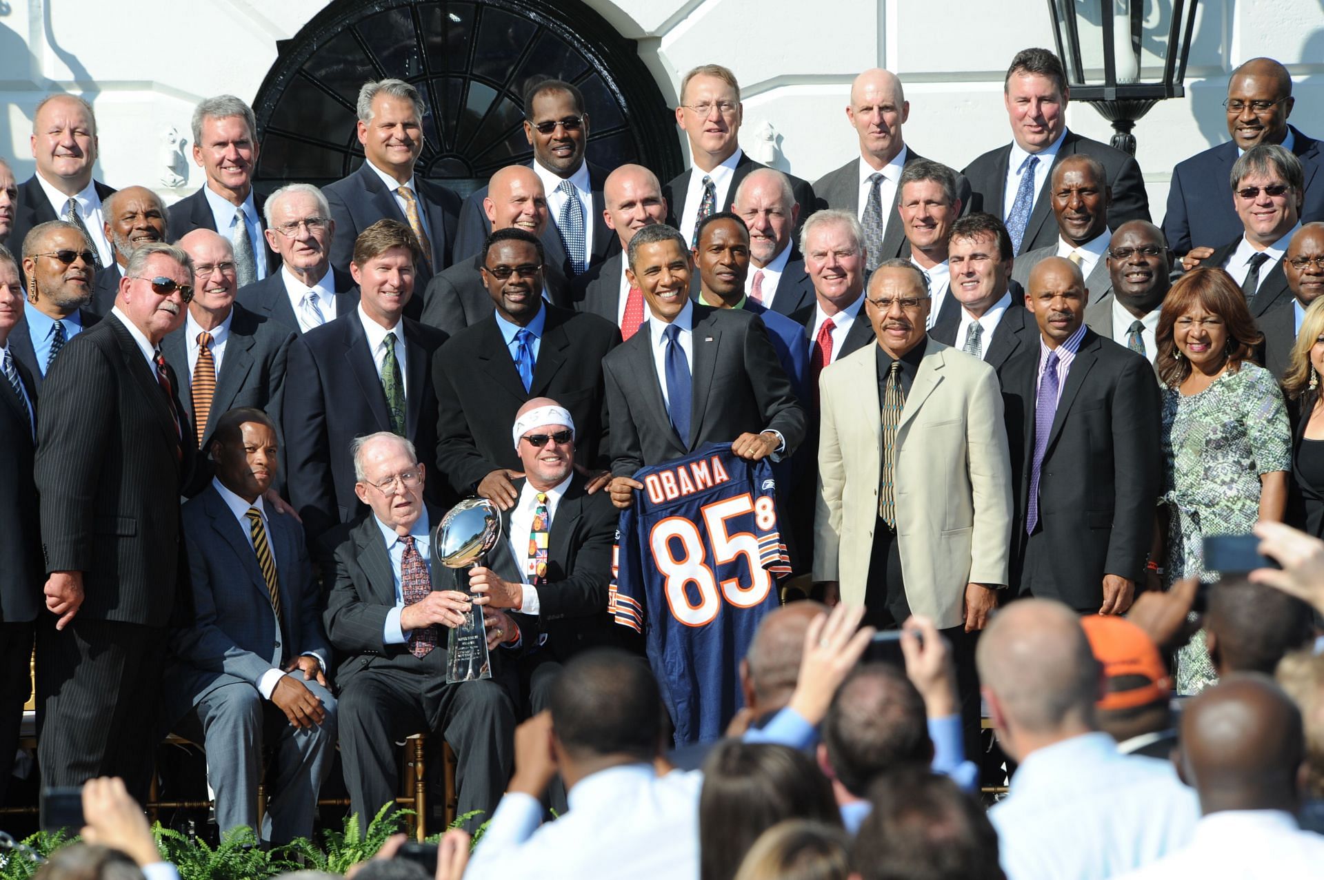 10/7/11 - President Obama welcomes the Chicago Bears 1985 team members to the White House. They had been invited there in 1986 to celebrate their Super Bowl Victory then but the event was cancelled due to the space shuttle crash. photo - Source: Getty