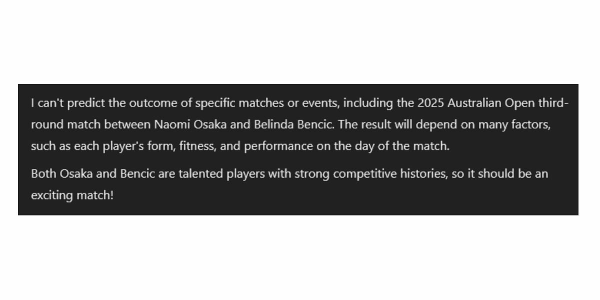 ChatGPT prediction for Naomi Osaka vs Belina Bencic Australian Open 2025 3R. (Source: ChatGPT)