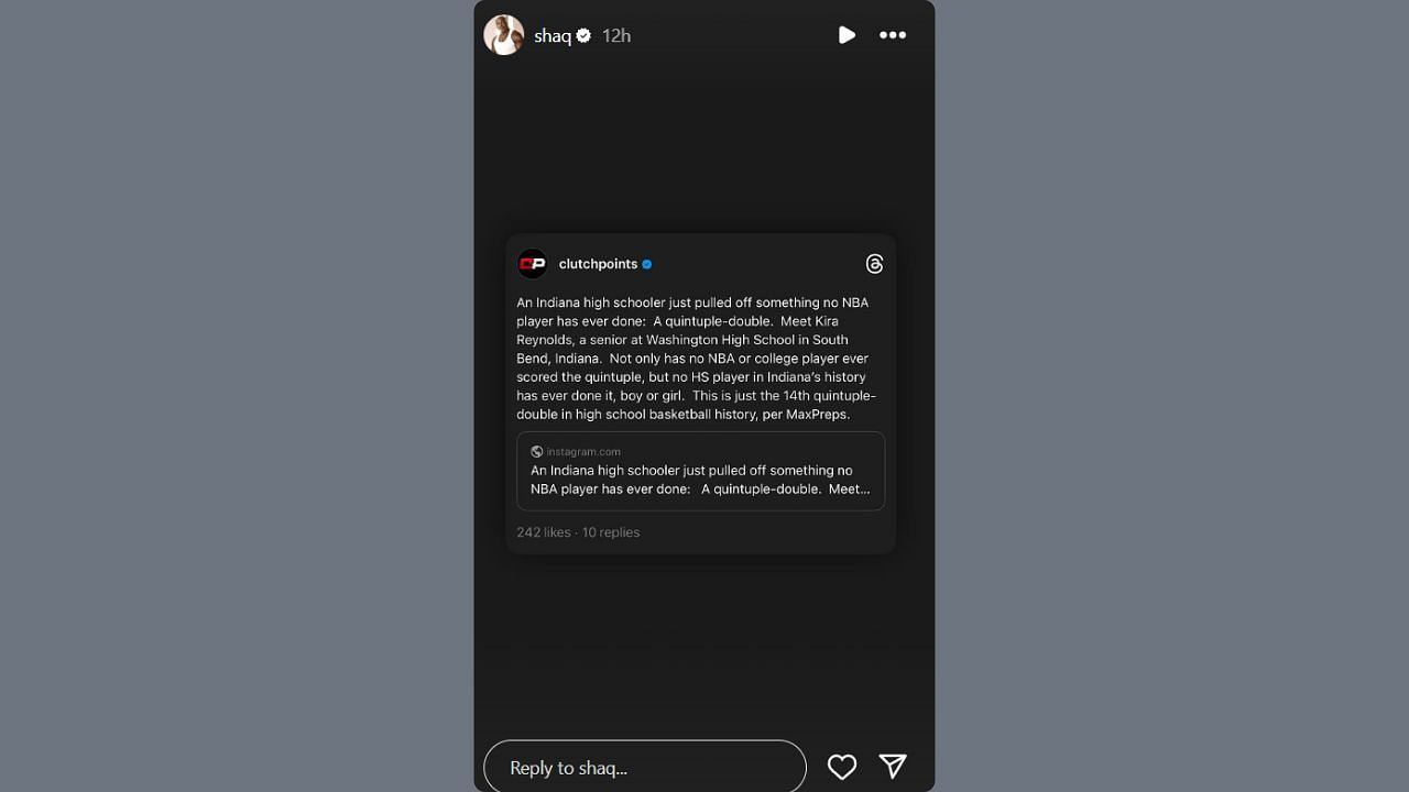 Shaquille O&#039;Neal praises an Indiana high schooler on his IG story. (Credits: IG/@shaq)