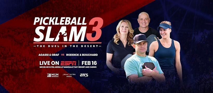 The cover image of PickleBall Slam 3, featuring: Steffi Graf, Andre Agassi, Eugenie Bouchard, and Andy Roddick - Source: Facebook/@The Pickleball Slam