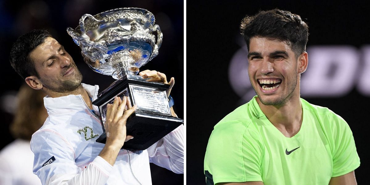 Novak Djokovic with Australian Open trophy (L), Carlos Alcaraz (R) Source: Getty