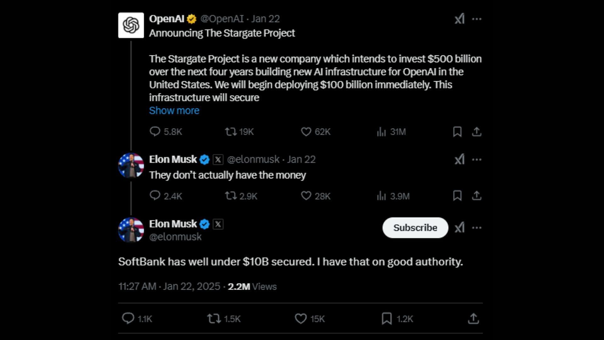 Elon Musk on the Stargate Project. [Image via X/@elonmusk]