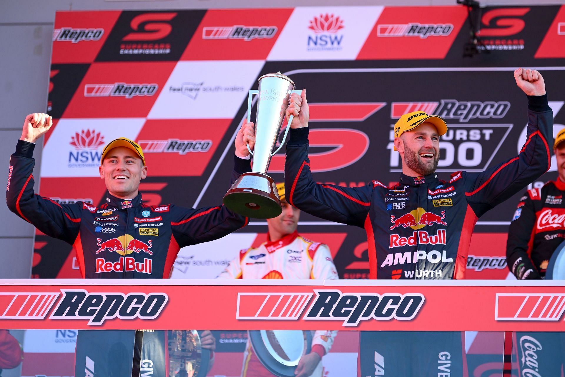 Richie Stanaway and Shane van Gisbergen celebrate driving the Triple Eight Race Engineering Chevrolet Camaro to victory during the Bathurst 1000, part of the 2023 Supercars Championship Series - Source: Getty