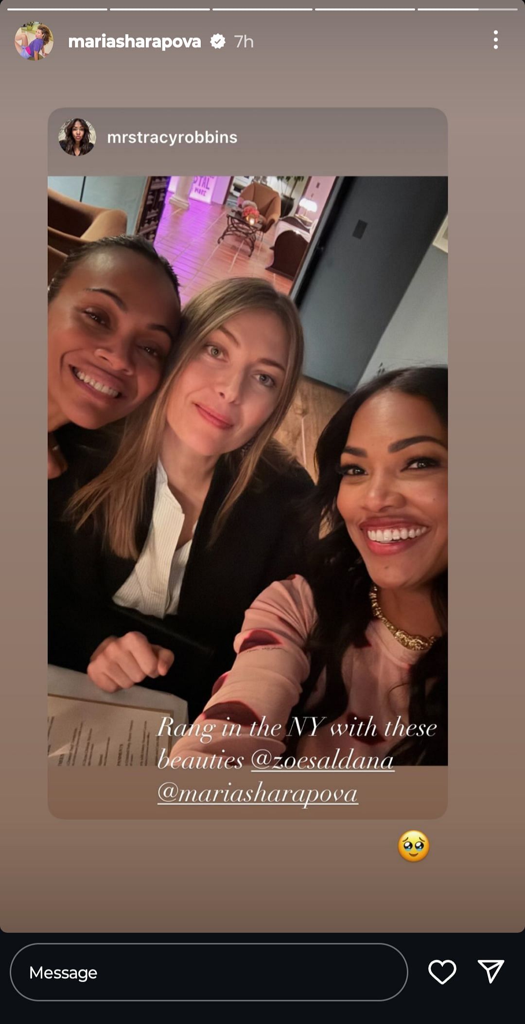 Maria Sharapova along with Zoe Saldana and Tracy Robbins in New York (Source: Instagram)