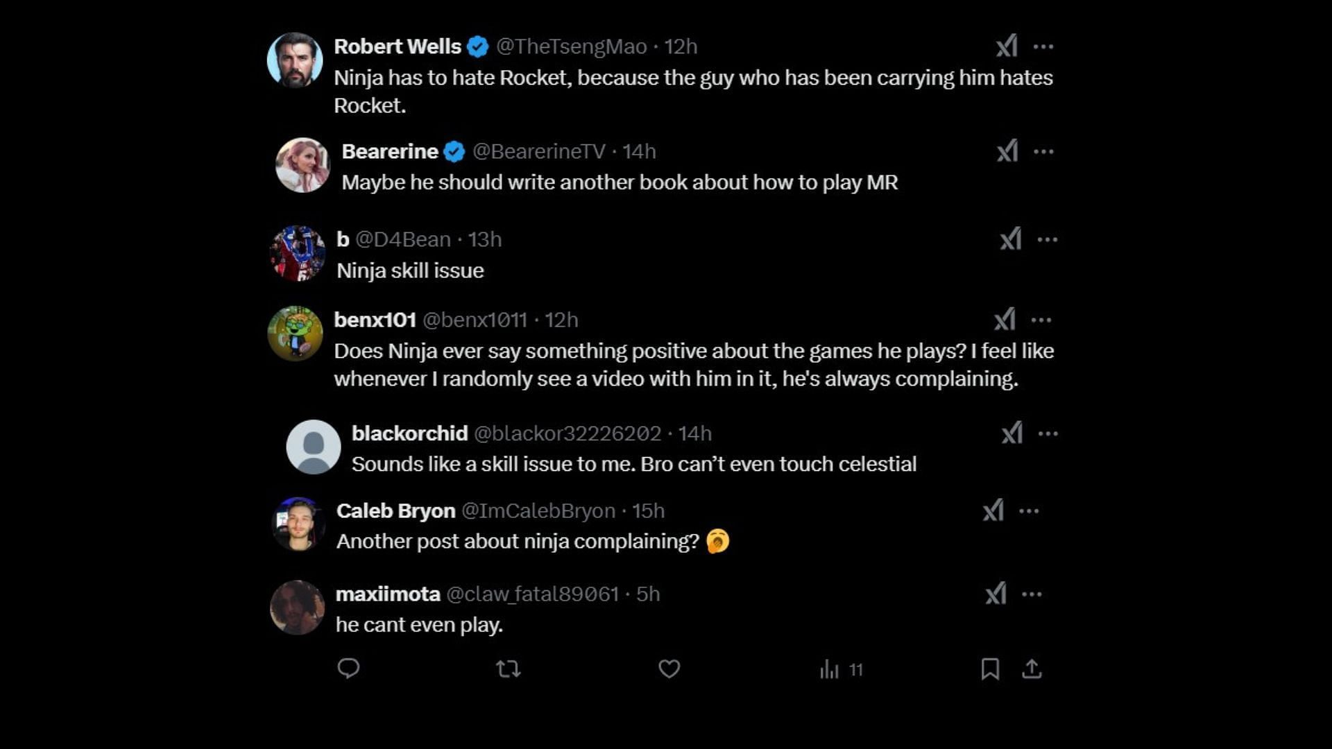 Players criticizing Ninja for complaining about Rocket players (Image via X)