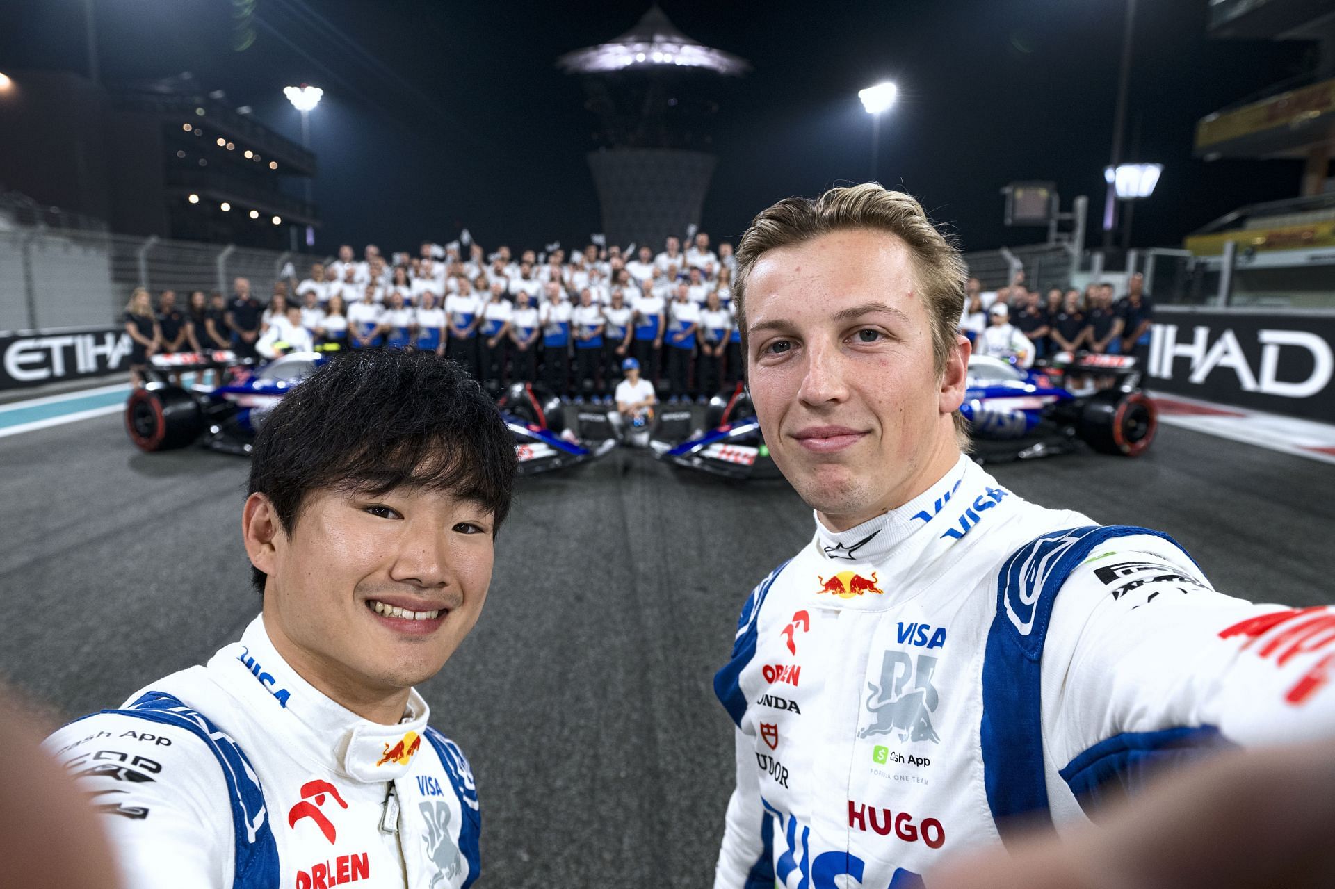 In Picture: Yuki Tsunoda of Japan and Visa Cash App RB and Liam Lawson of New Zealand and Visa Cash App RB take a selfie - Source: Getty