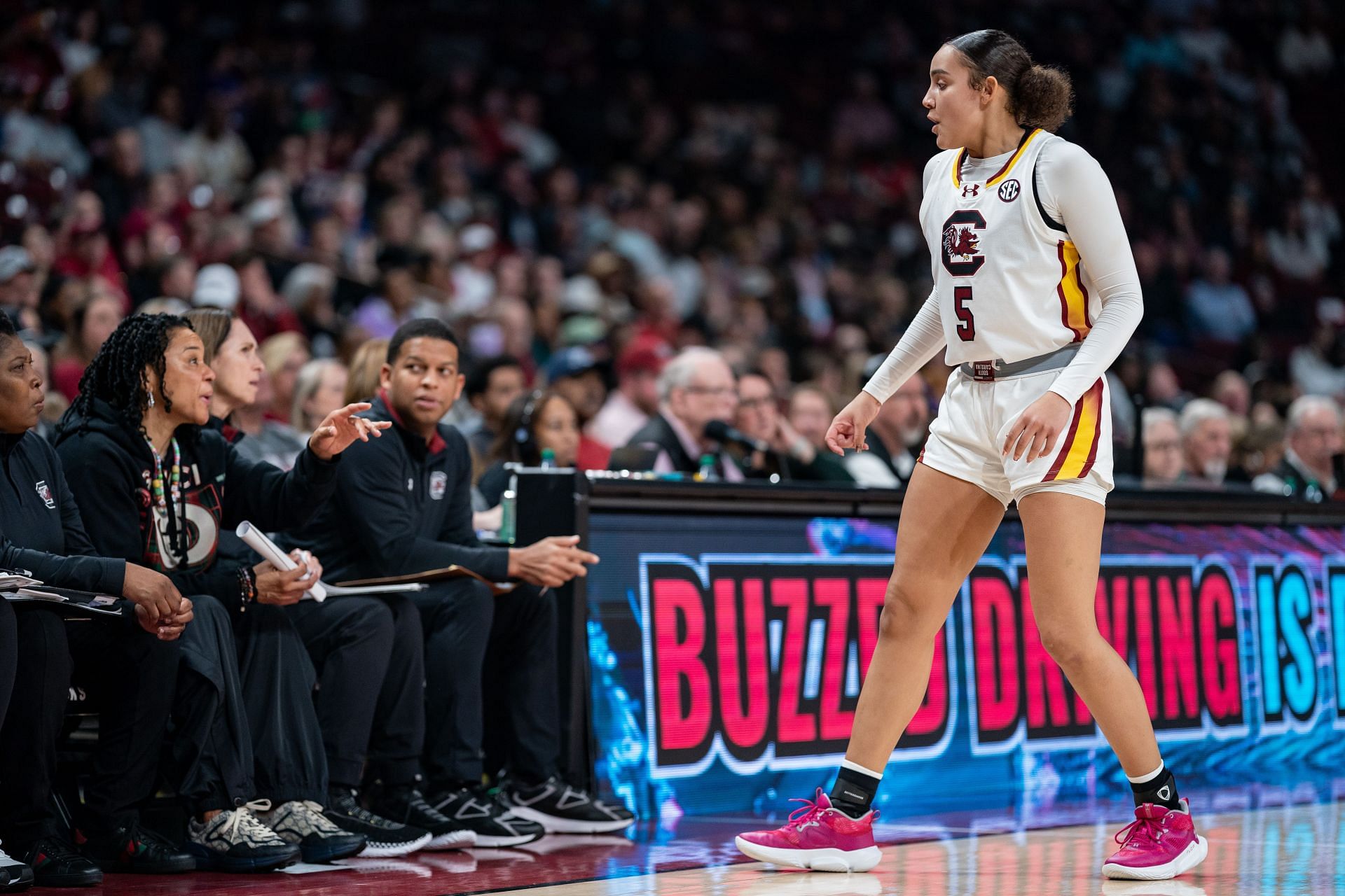 Tessa Johnson (#5) of the South Carolina Gamecocks talks with head coach Dawn Staley in the second half during their game against the Wofford Terriers at Colonial Life Arena on Dec. 29, 2024, in Columbia, South Carolina. Photo: Getty