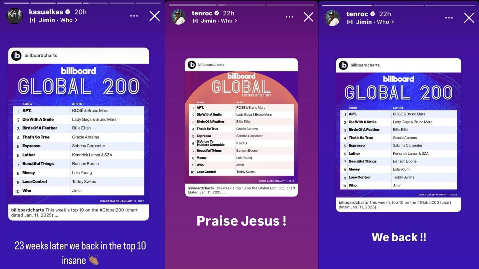 Tenroc and Kasual Kas shared Billboard Charts on their IG stories (Image via @kasualkas, @tenroc/Instagram)