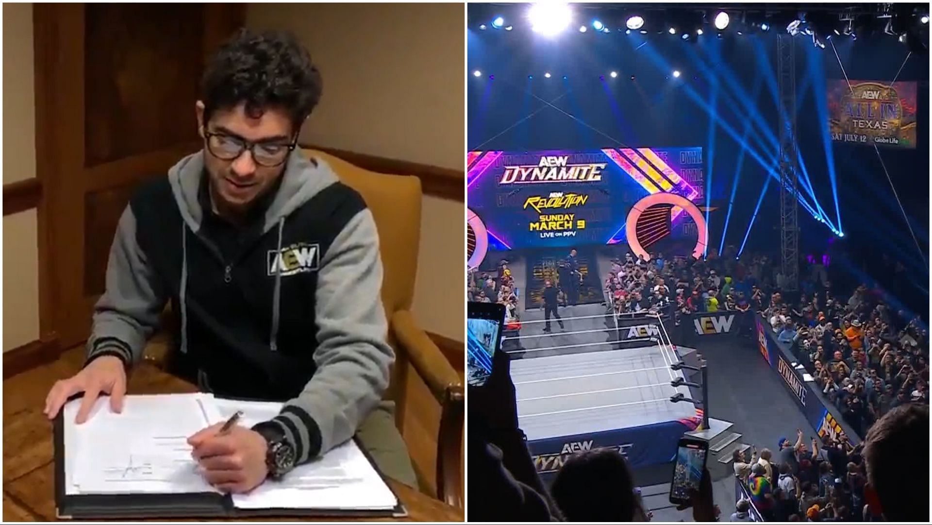 AEW President Tony Khan inking a contract, fans at AEW Dynamite