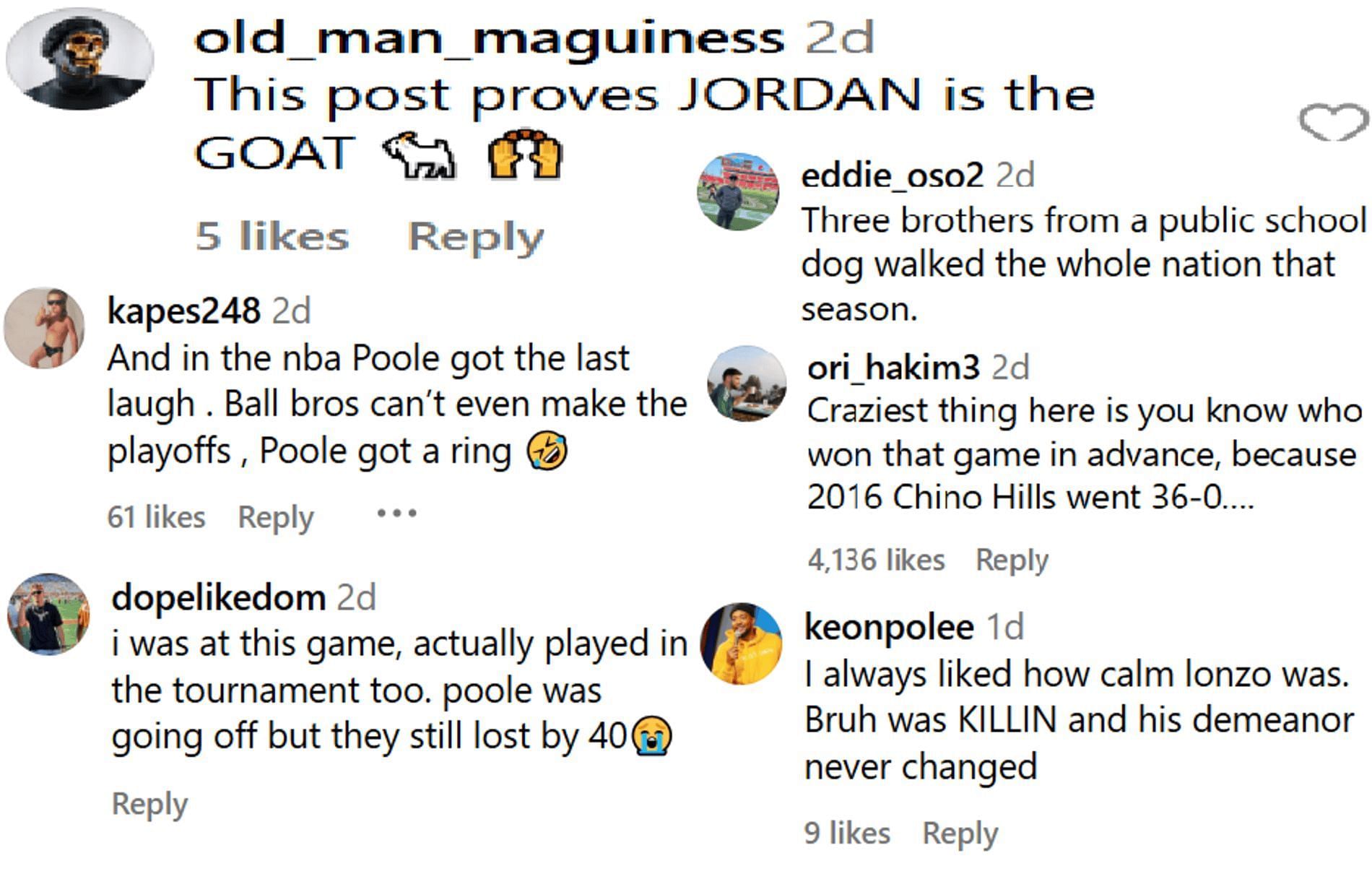 Fans react to Jordan Poole facing off against Lonzo, LaMelo, and LiAngelo Ball in high school (Source: Instagram/ sportscenternext)