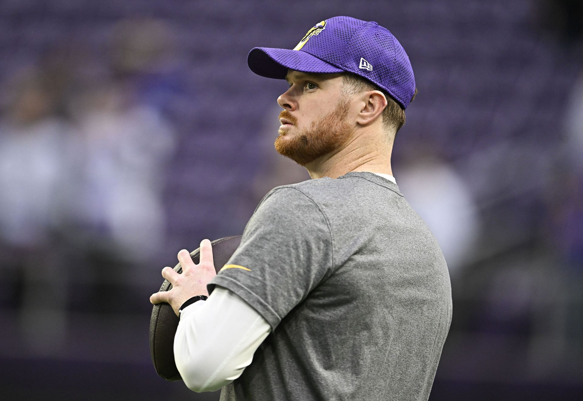 Quarterback Sam Darnold of the Minnesota Vikings warms up - Source: Getty