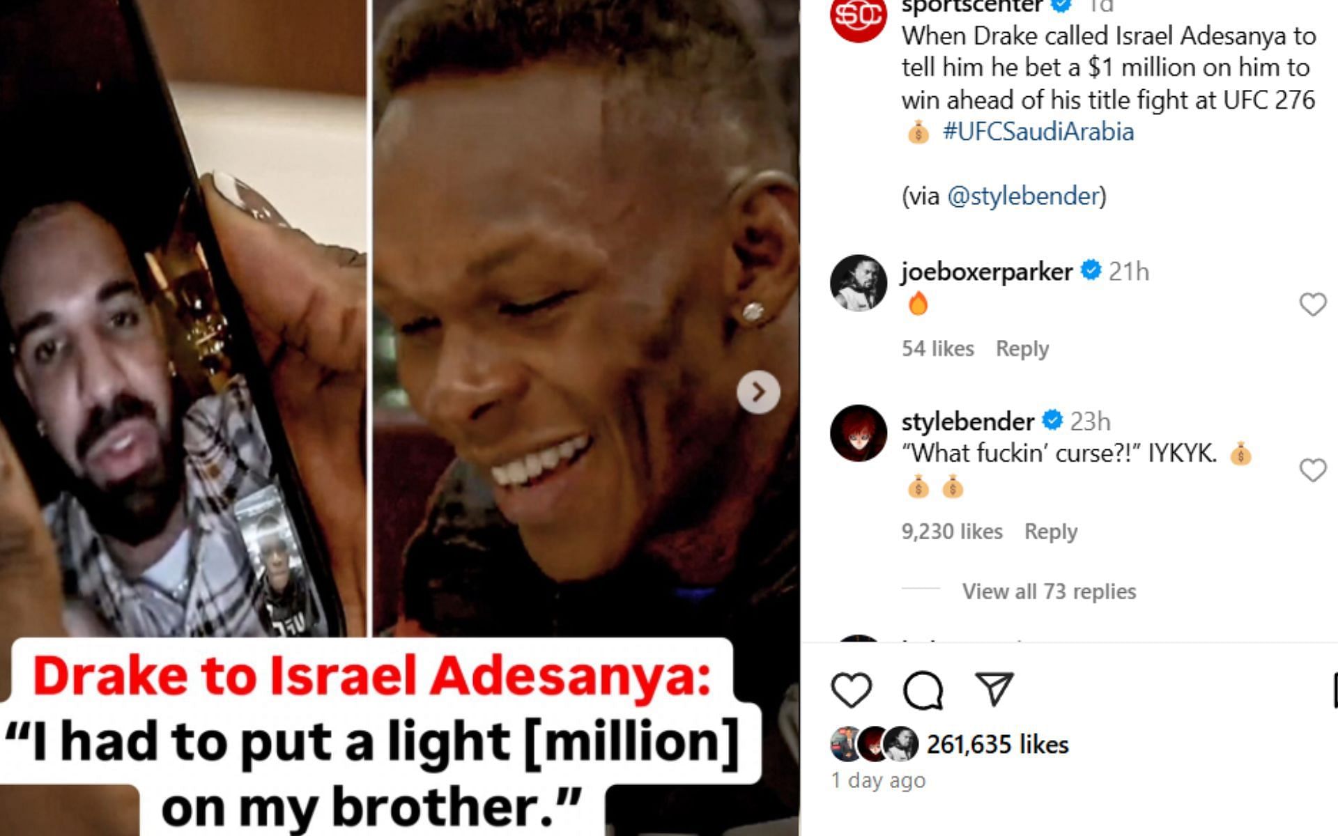 Screenshot of Parker&#039;s reaction to Adesanya&#039;s post: [Image courtesy @sportscenter on Instagram]