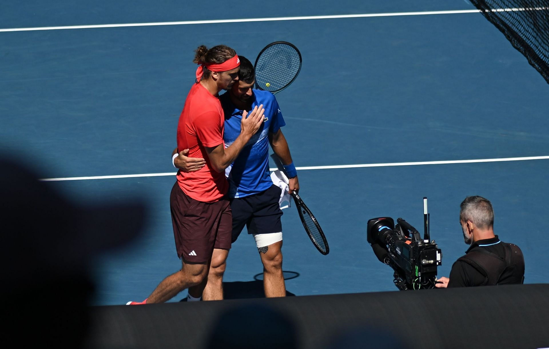 Novak Djokovic (right) and Alexander Zverev after their semi-final- Source: Getty