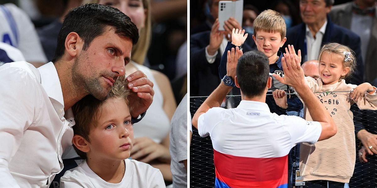 Novak Djokovic celebrates a victory with his children, Stefan and Tara I Image Source: Getty