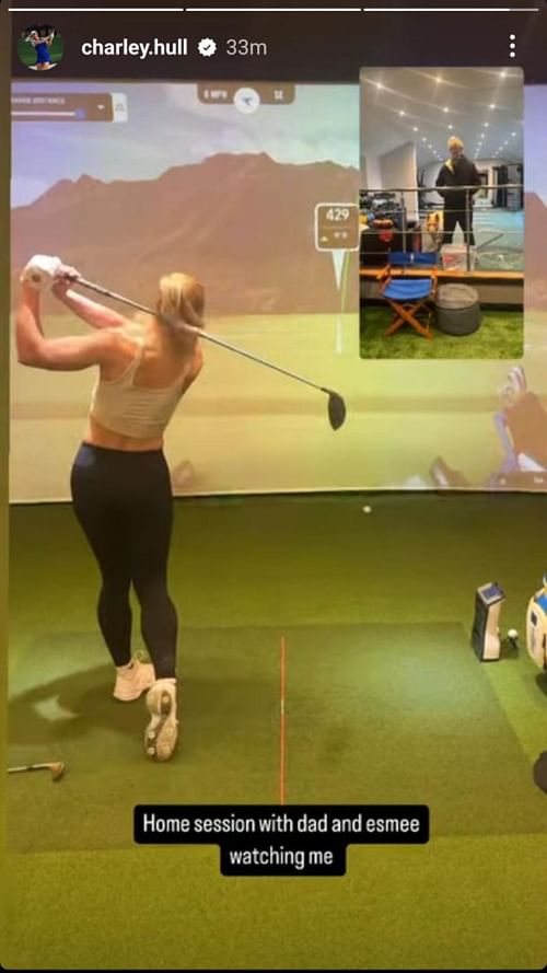 Charley Hull's story of her training session at home with her dad and dog Esmee watching on  - Source: via @charley.hull on Instagram