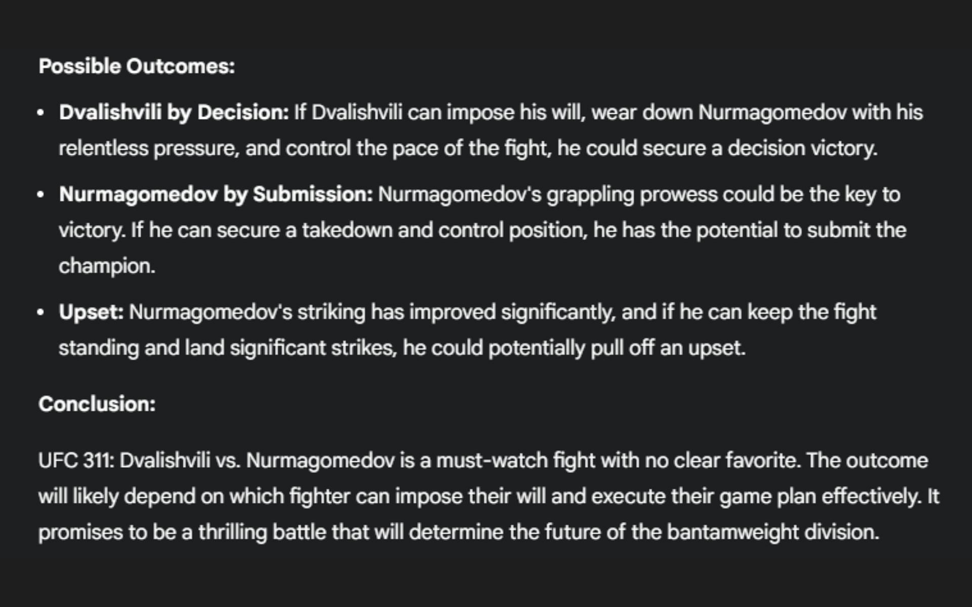 Screenshot of Google&#039;s AI prediction of the UFC 311 co-headliner -- Merab Dvalishvili vs. Umar Nurmagomedov