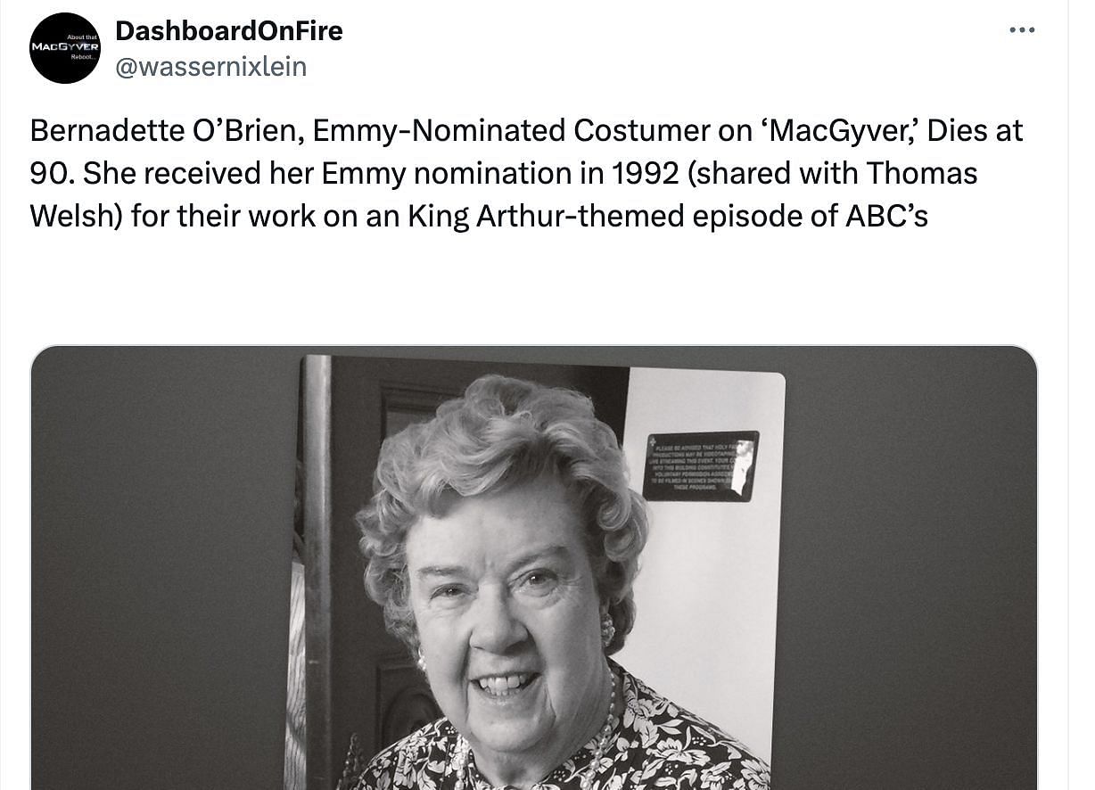 Social media users mourn the passing away of Bernadette O&#039;Brien, the popular costume designer: Details revealed. (Image via X)