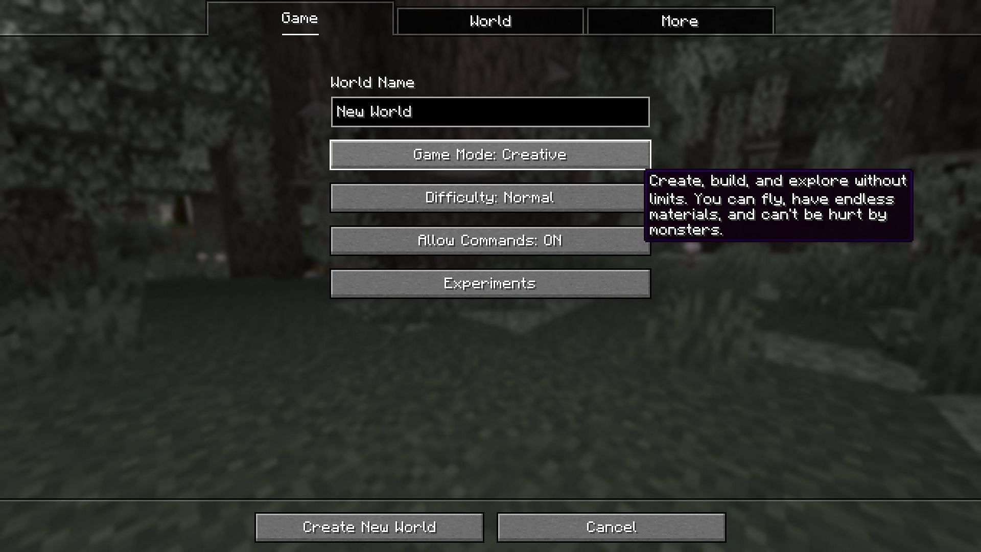 Create a new creative world where you can access the creative inventory (Image via Mojang Studios)