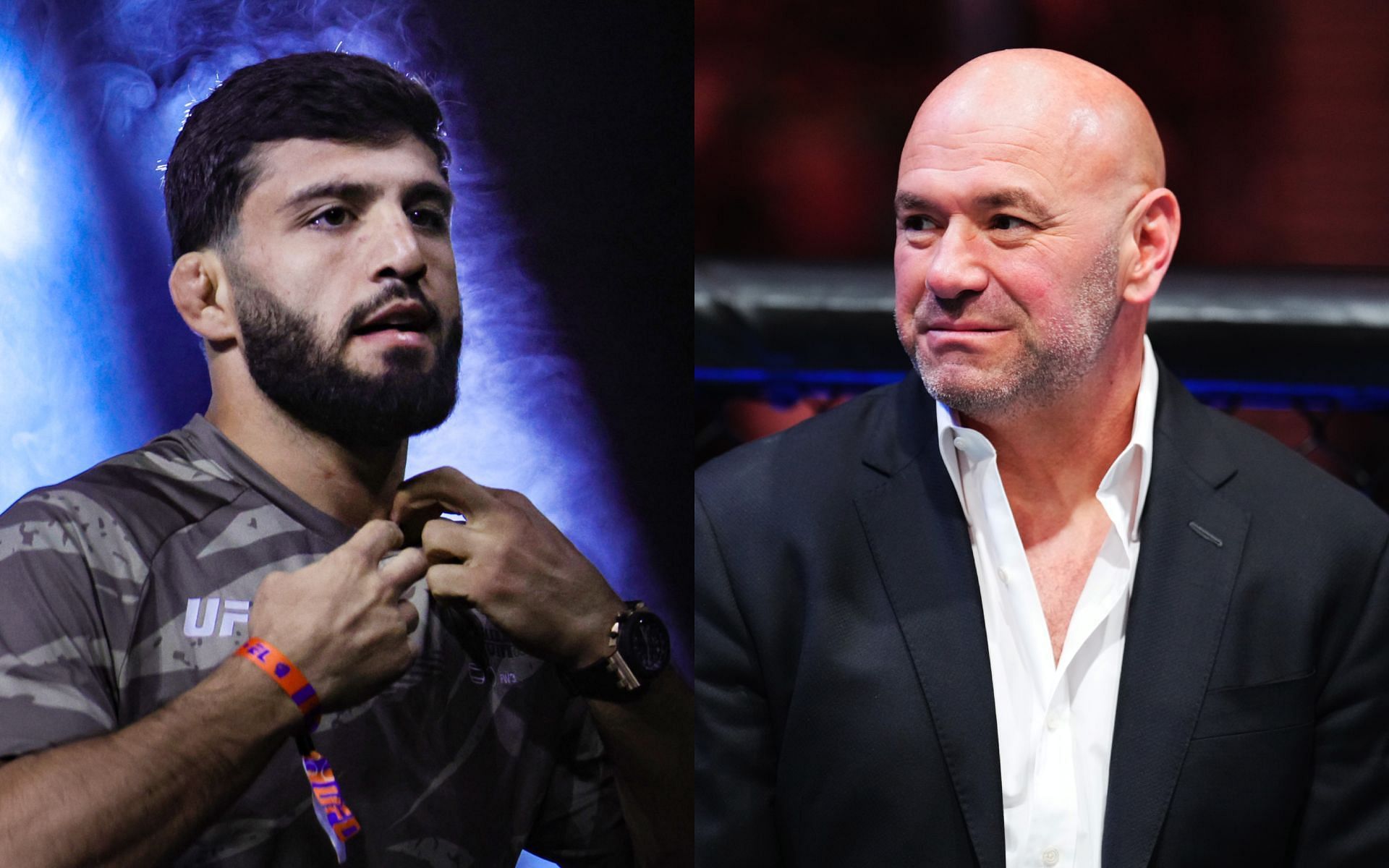 Arman Tsarukyan (left) addresses Dana White