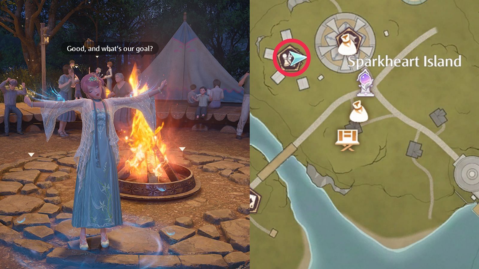 Take a photo in front of the bonfire at night while wearing the Endless Longing outfit (Image via Infold Games)