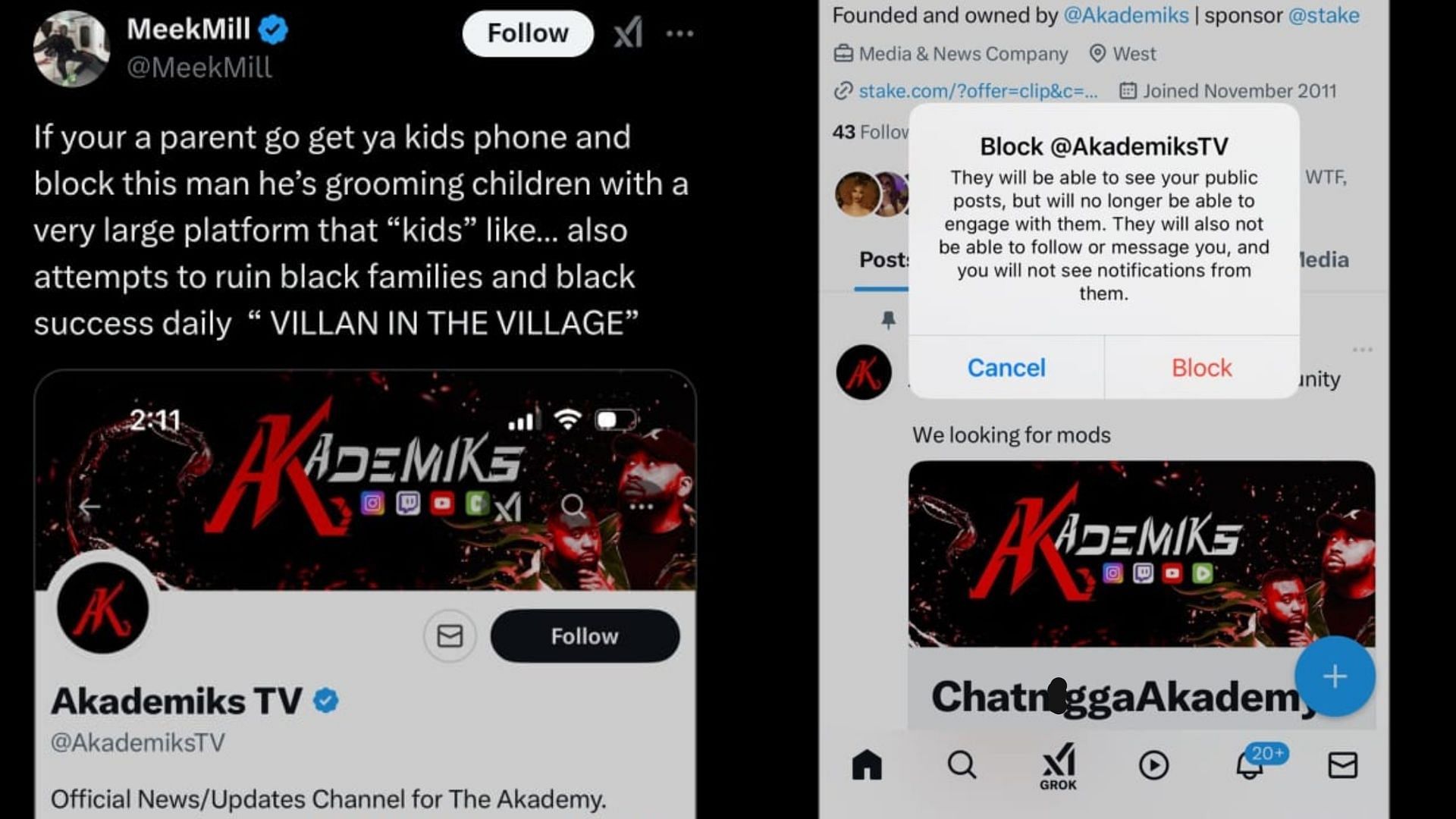 Meek Mill&#039;s viral tweet criticizing Akademiks. (Image via X)