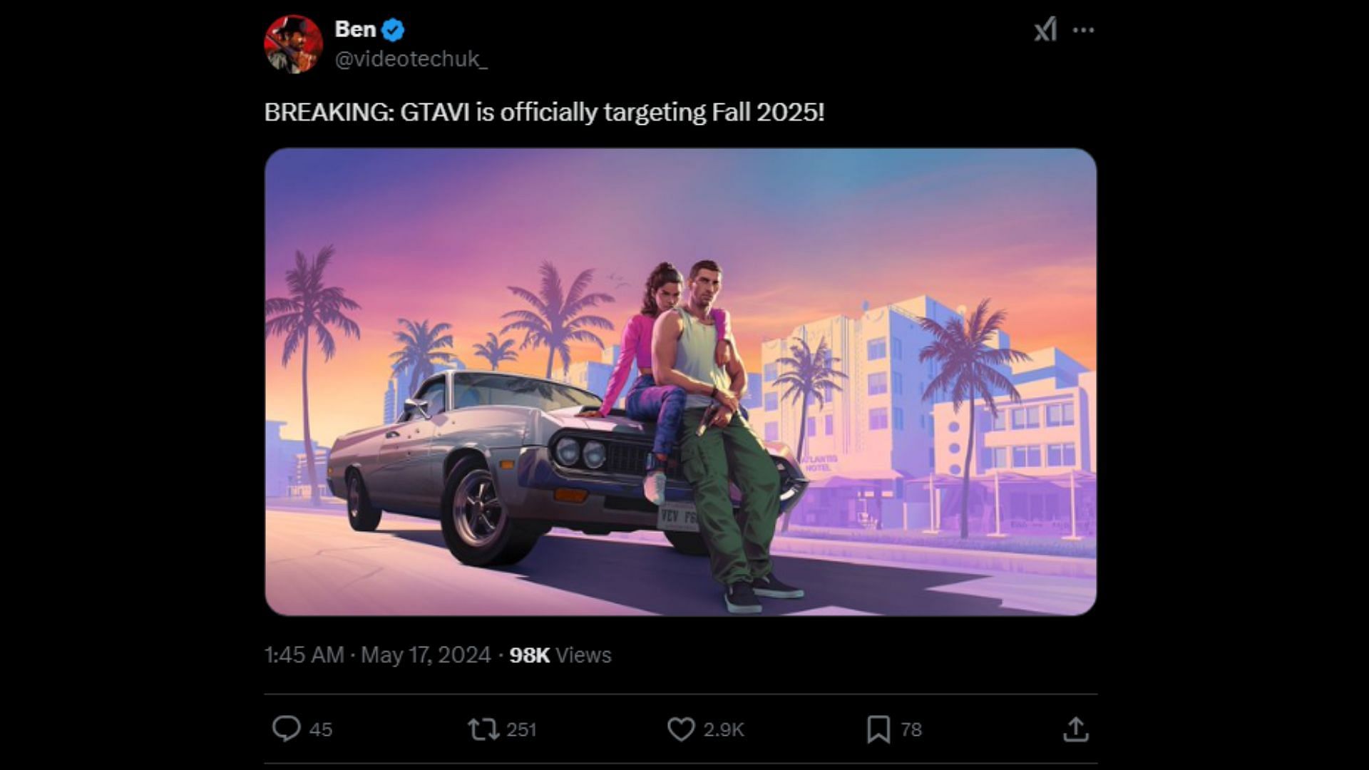 When is GTA 6 coming out in 2025 (Image via X/@videotechuk_)