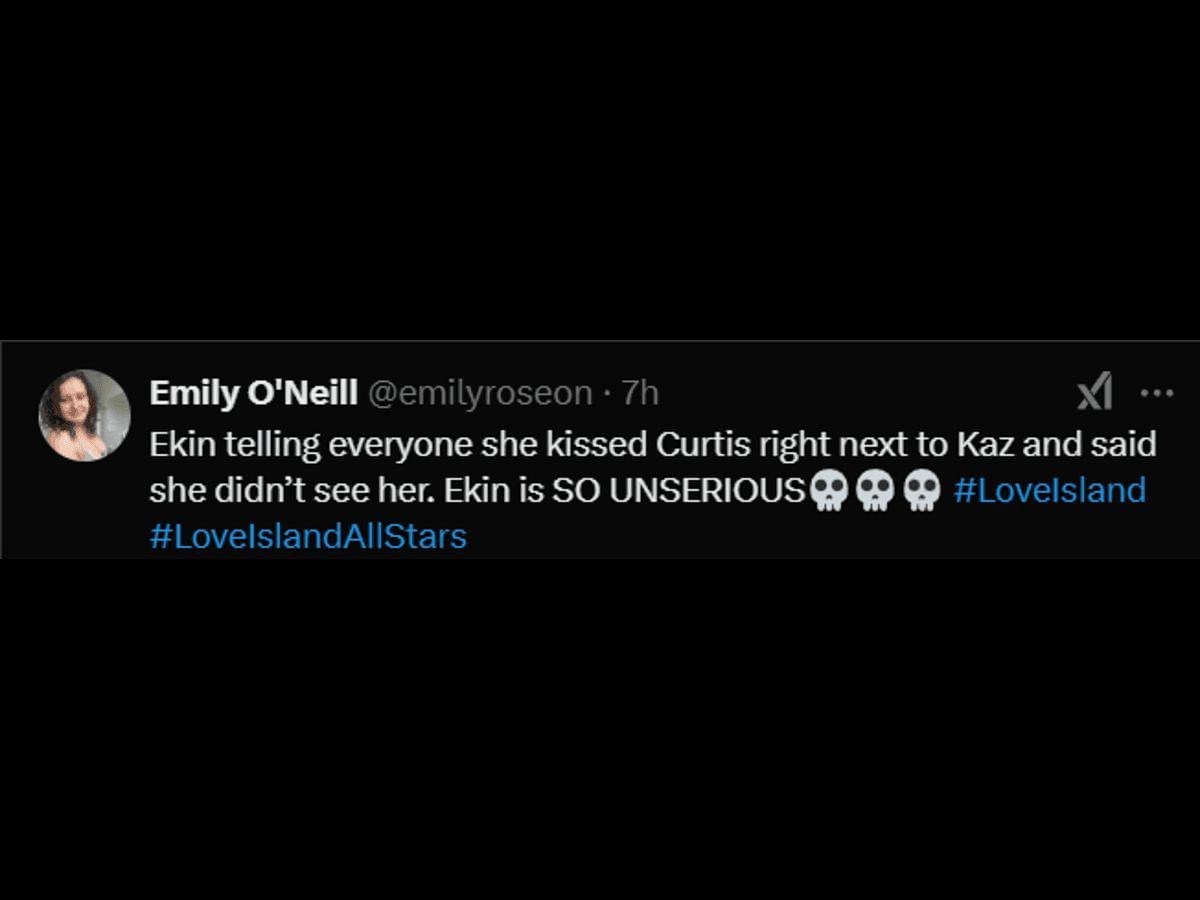 A Love Island: All Stars fan reacts to Ekin-Su and Kaz&#039;s awkward moment (Image via X/@/emilyroseon)