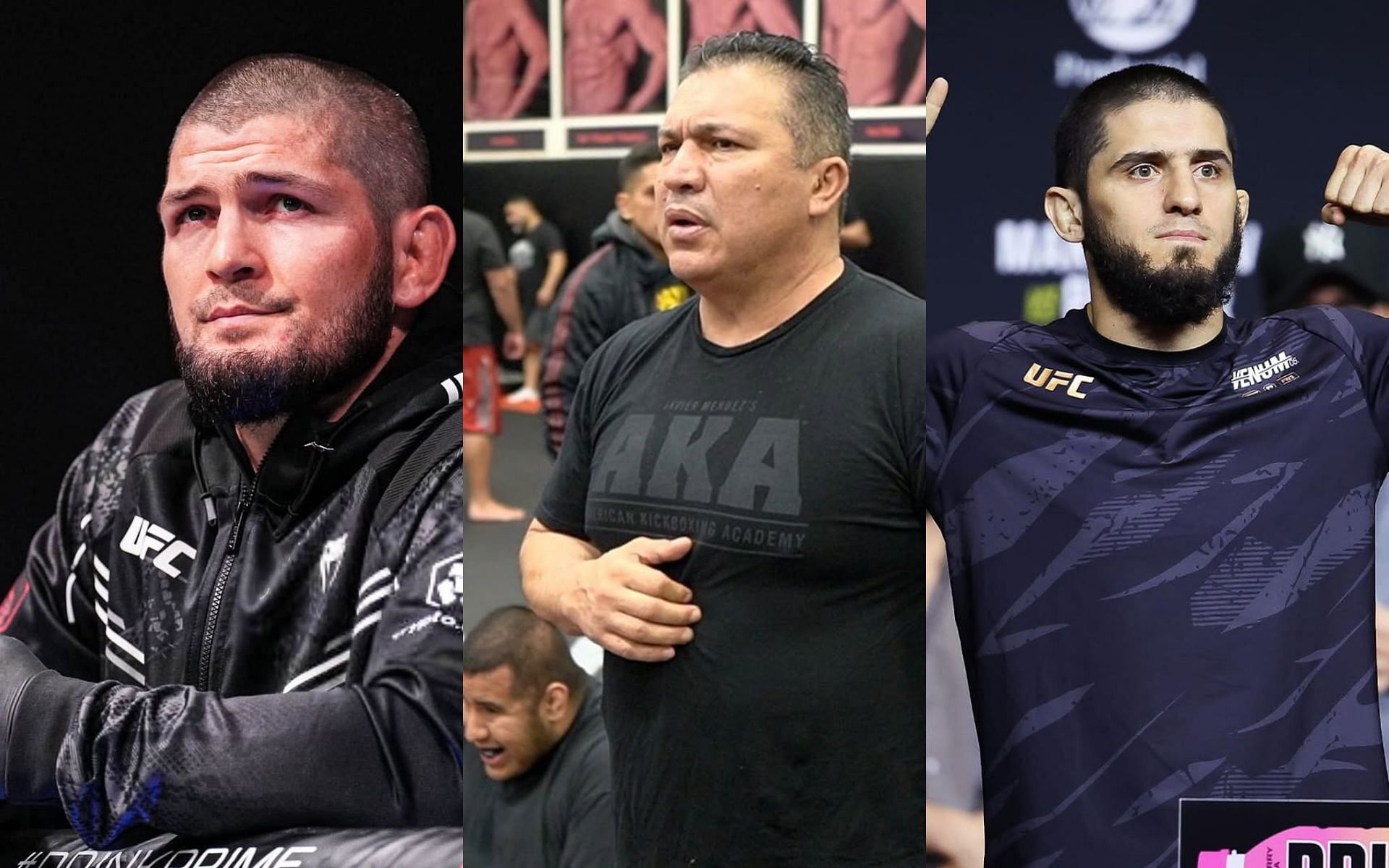 Javier Mendez (center) mentions another fighter who excels at striking rather than Khabib Nurmagomedov (left) and Islam Makhachev (right). [Images courtesy: @khabib_nurmagomedov, @akajav  and @islam_makhachev  on Instagram]