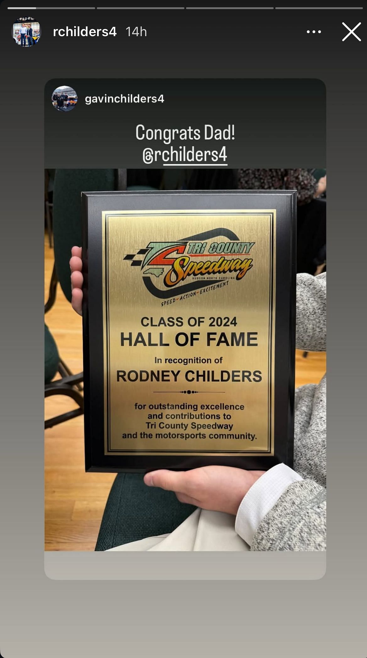 Rodney Childers&#039; instagram story featuring HOF plaque - Image via Instagram/@rchilders4