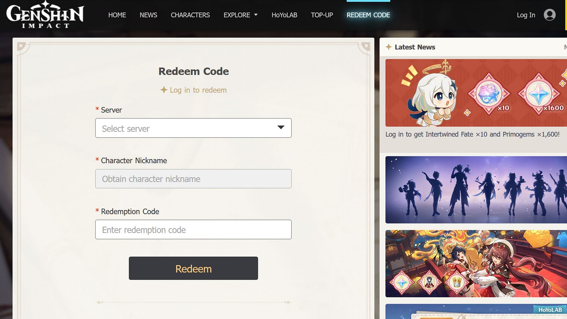 Codes can be redeemed on the Genshin Impact website (Image via HoYoverse)
