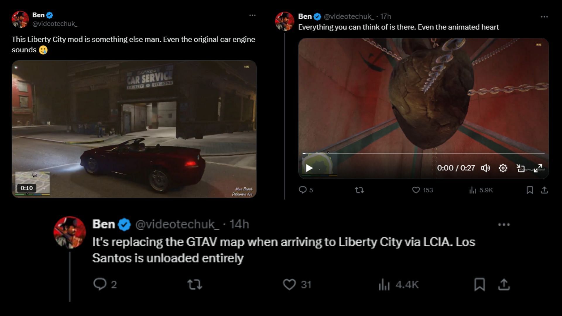 X user @videotechuk_ praises details of the new GTA 5 Liberty City mod (Images via X/@videotechuk_)