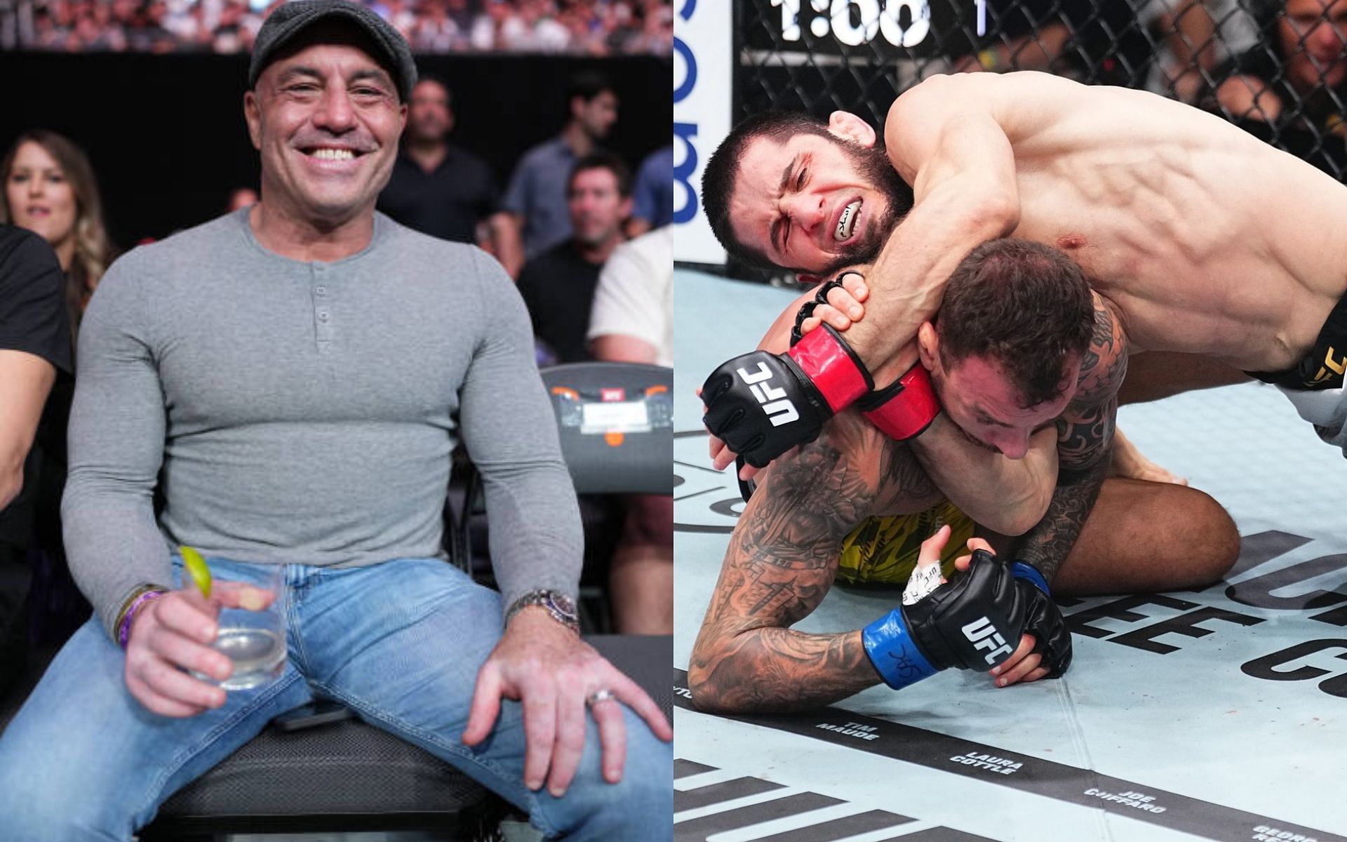 Joe Rogan (left) reacts to Islam Makhachev (right top) submitting Renato Moicano (right bottom). [Images courtesy: Getty and @ufceurope on Instagram]