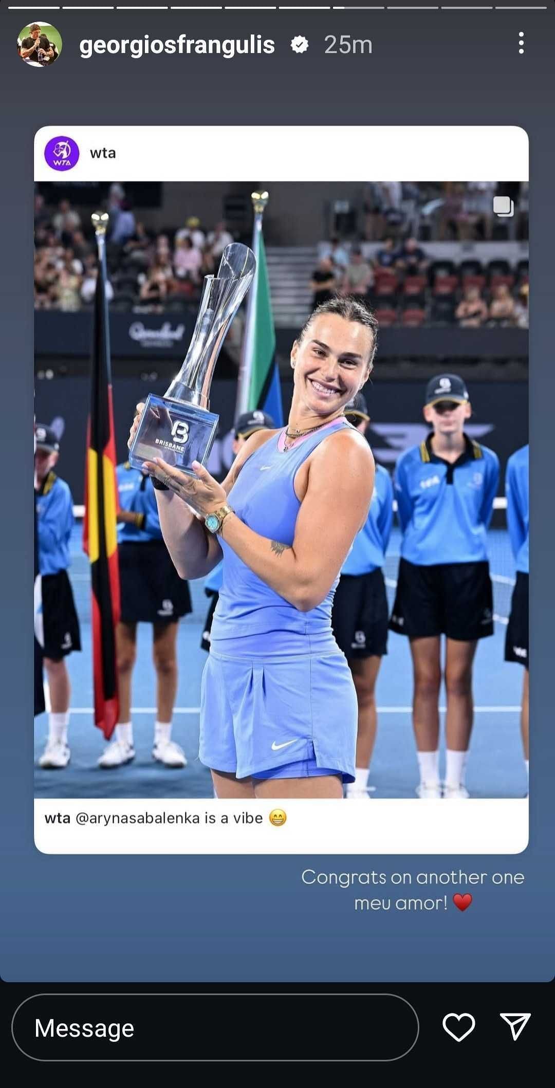 Screengrab from Aryna Sabalenka&#039;s boyfriend Georgios Frangulis&#039; Instagram @georgiosfrangulis