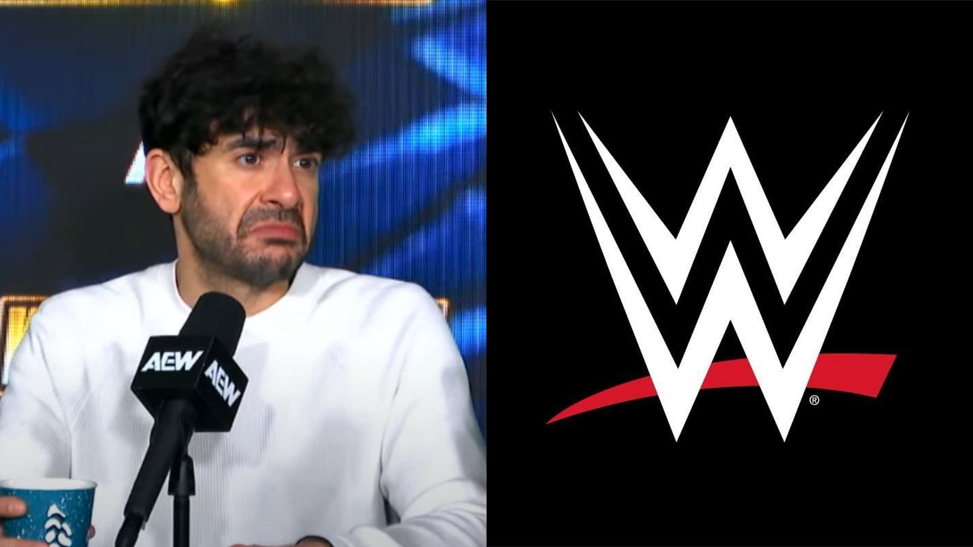 Tony Khan (left) and WWE logo (right). (Image credits: AEW YouTube channel &amp; wwe.com)