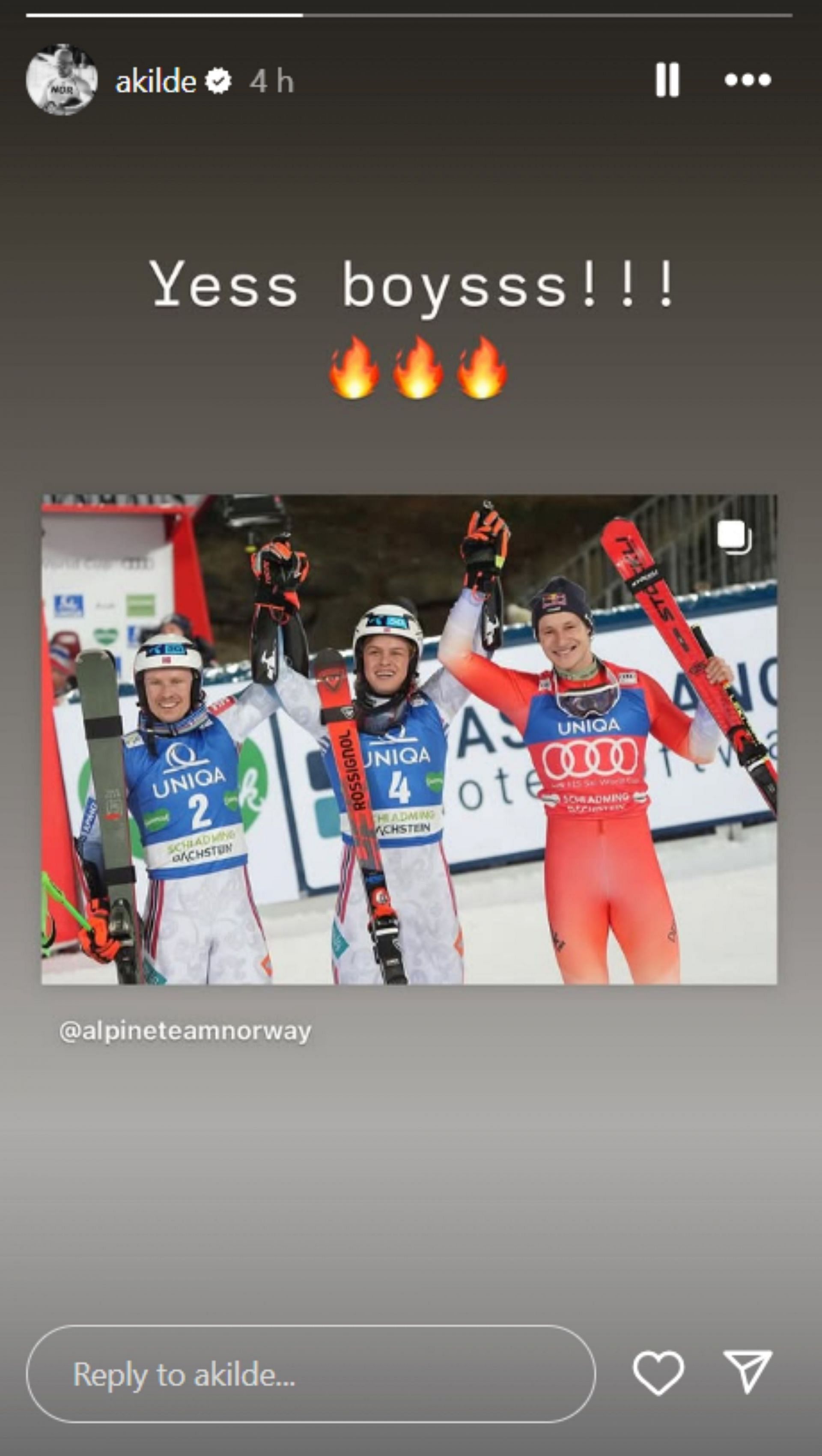 Mikaela Shiffrin&#039;s fiance Aleksander Kilde congratulates his fellow Norwegian skiers; Instagram - @akilde