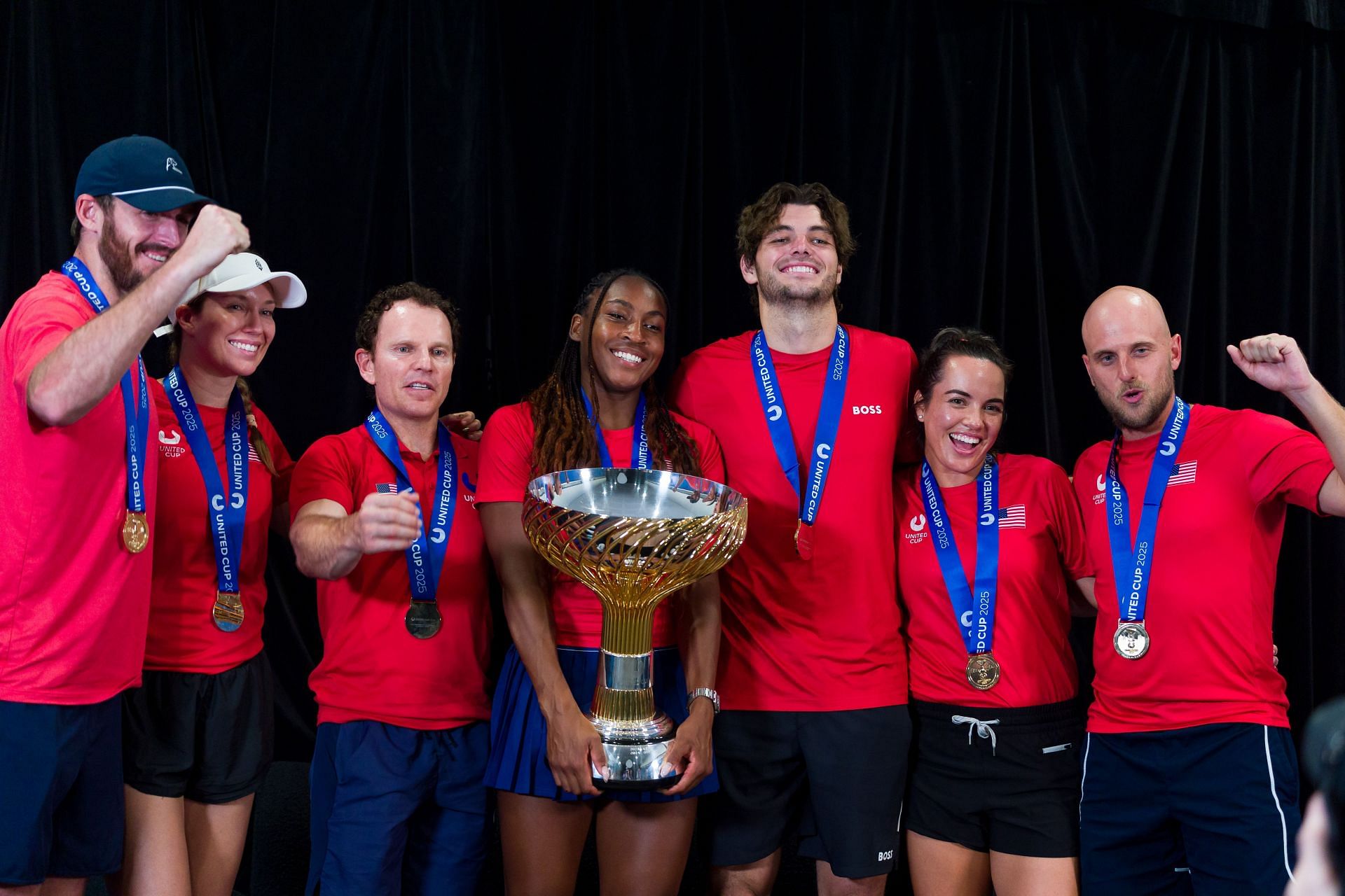 Coco Gauff holding 2025 United Cup trophy with Team USA - Source: Getty