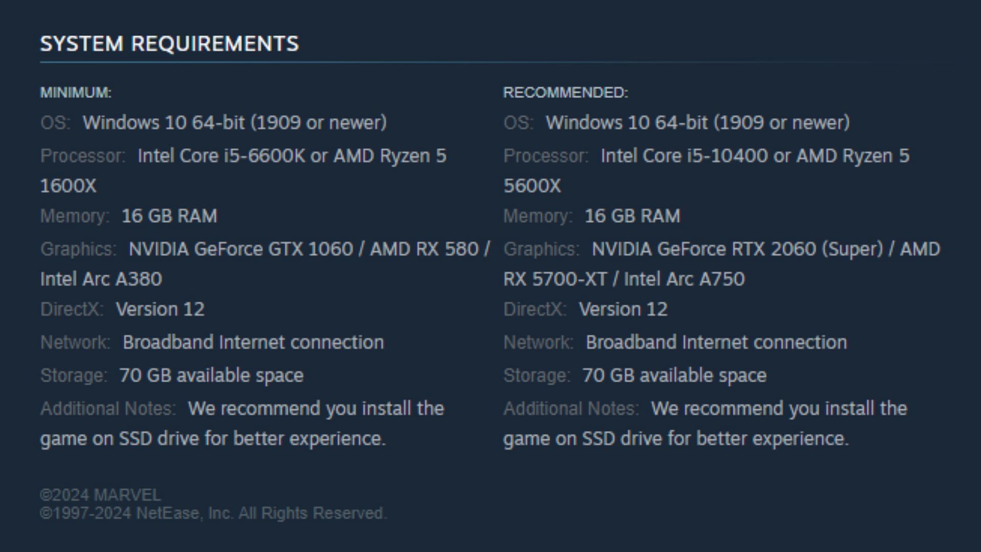 Marvel Rivals system requirements (Image via Steam)