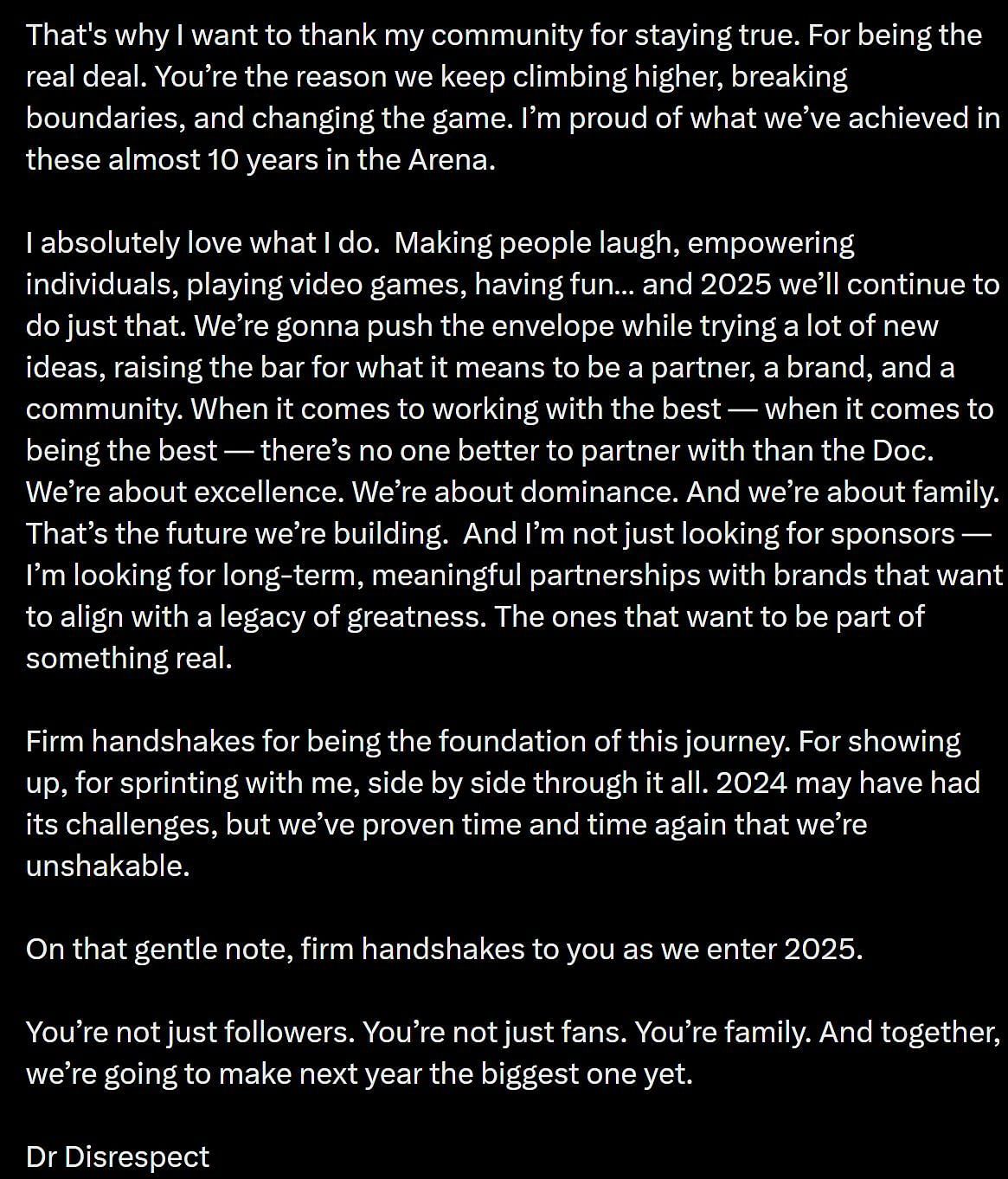 The streamer thanked his fans for standing by him through the controversy (Image via @DrDisRespect/X)