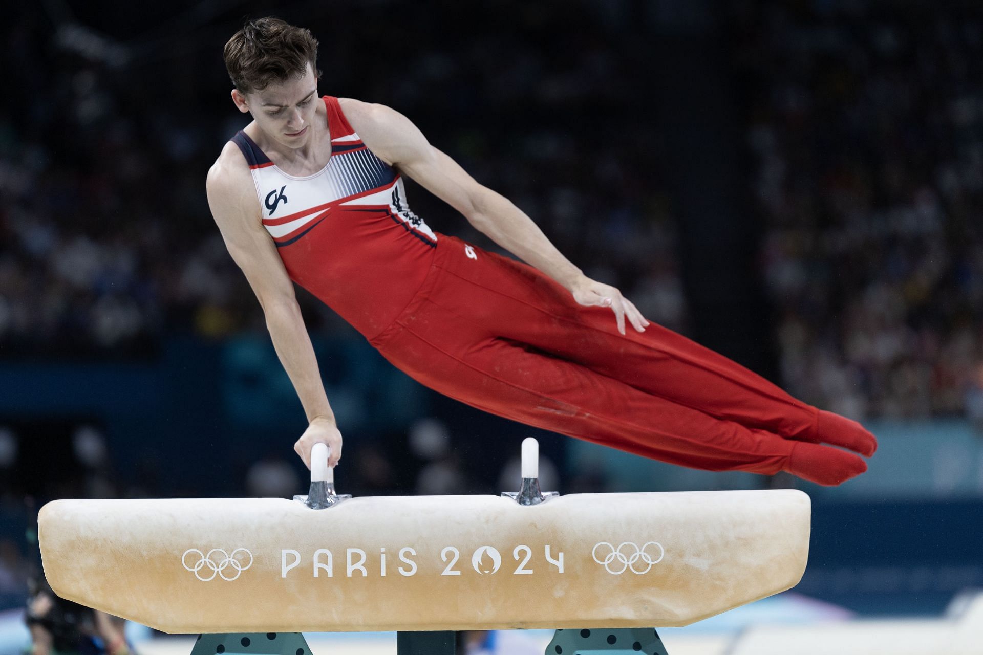 Nedoroscik competing in his pommel horse routine during the event finals of the 2024 Paris Olympics (Image via: Getty Images)