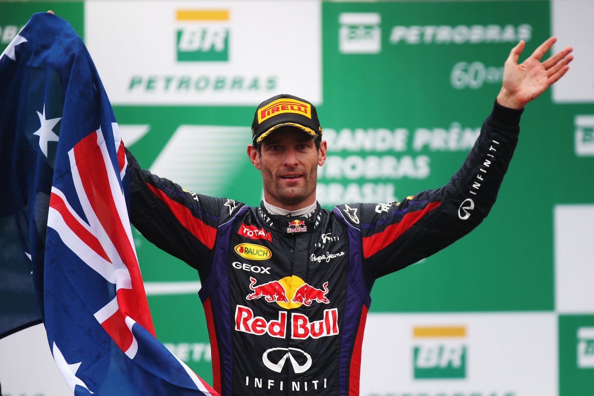 Mark Webber celebrates at the F1 Grand Prix of Brazil - Race - Source: Getty