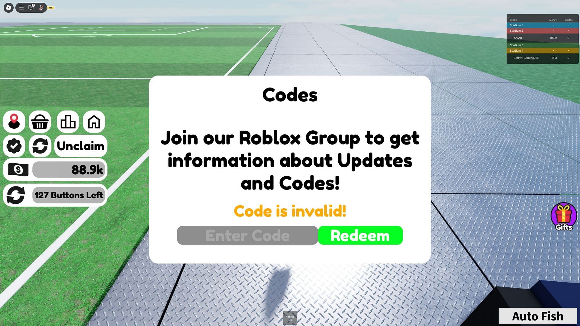 Troubleshoot codes in Soccer Stadium Tycoon (Image via Roblox)