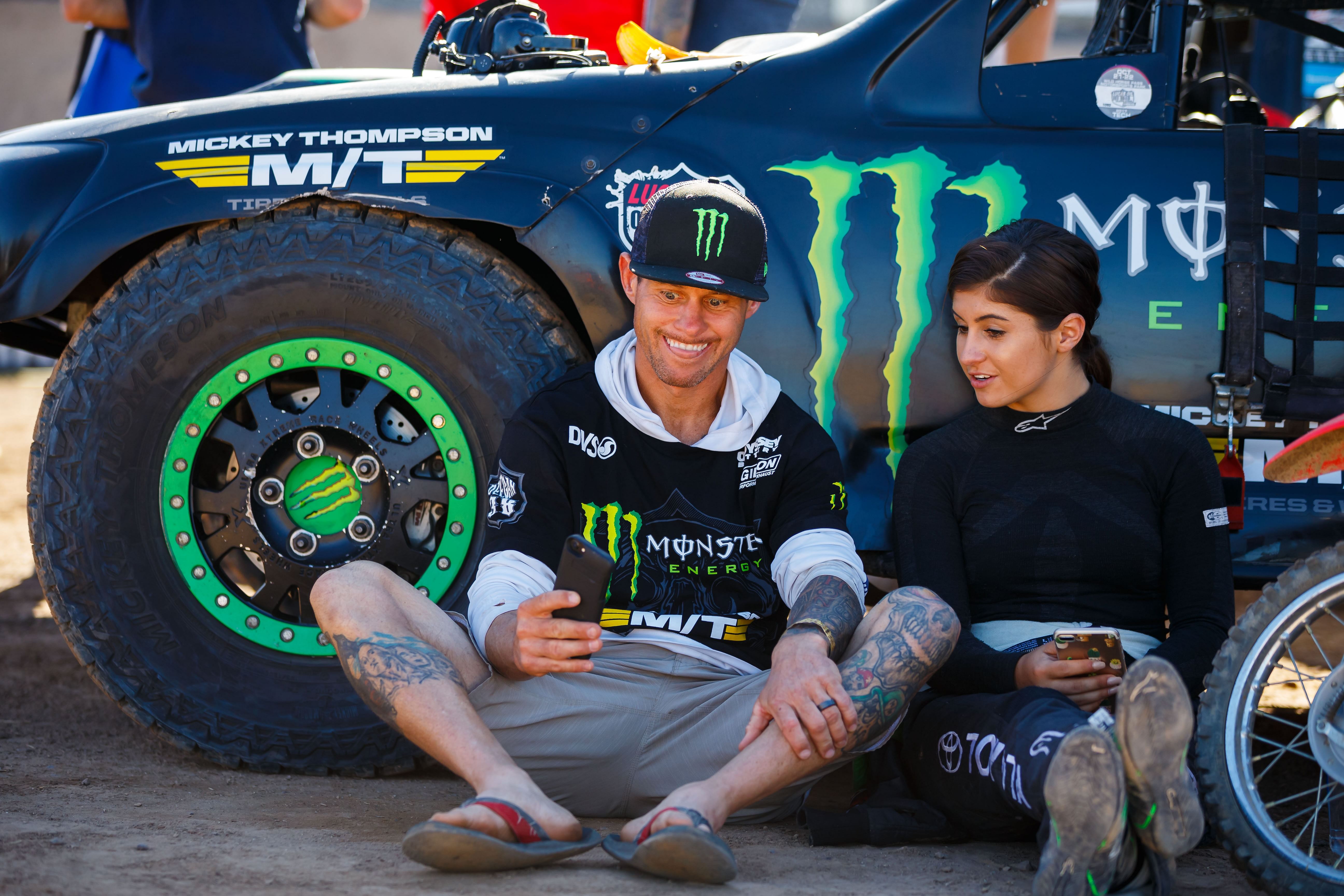 Brian Deegan (left) and daughter Hailie Deegan during the Lucas Oil Challenge Cup at Wild Horse Pass Motorsports Park. Mandatory Credit: Mark J. Rebilas-Imagn Images