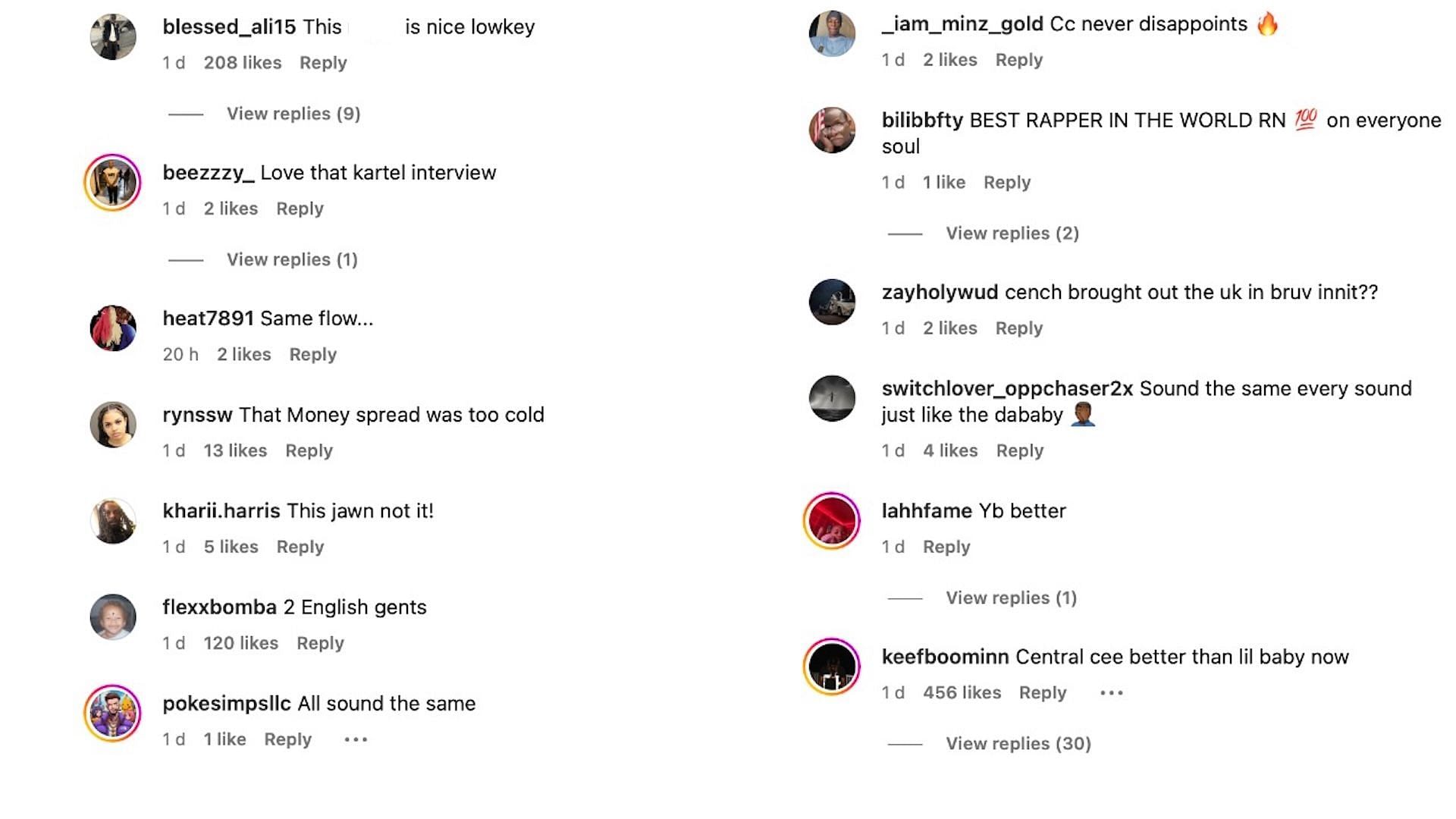 Screenshots of comments under DJ Akademiks&#039; post regarding Central Cee and 21 Savage&#039;s new collaboration &#039;GBP&#039; (Image via Instagram/@akademiks)