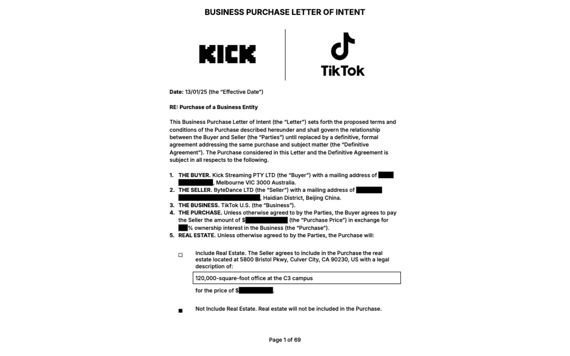 The first page of the purchase letter of intent that Kick shared on January 15, 2025 (Image via KickStreaming/X)