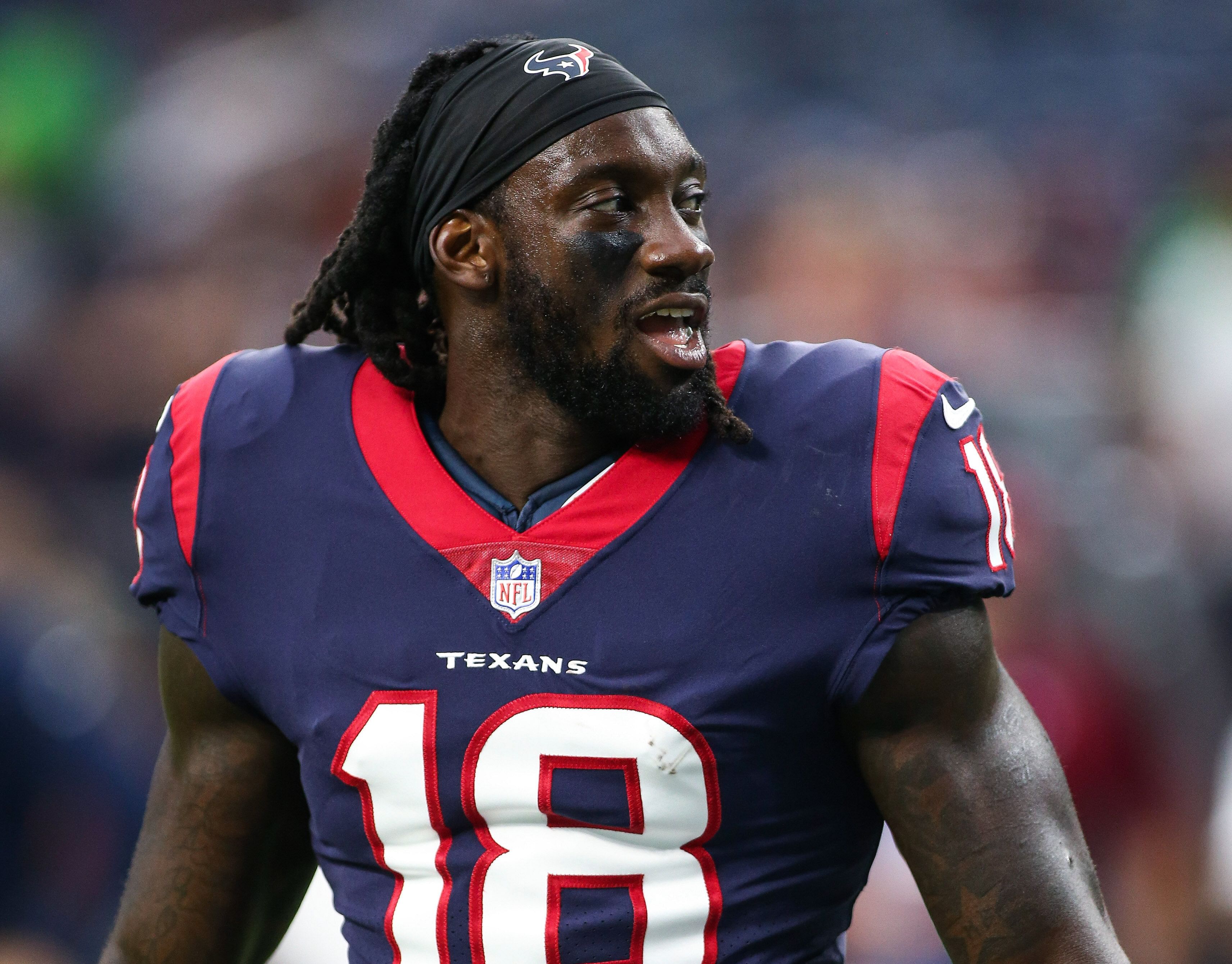 Aug 18, 2018; Houston, TX, USA; Houston Texans wide receiver Sammie Coates (18) warms up before a game against the San Francisco 49ers at NRG Stadium. Mandatory Credit: Troy Taormina-Imagn Images - Source: Imagn