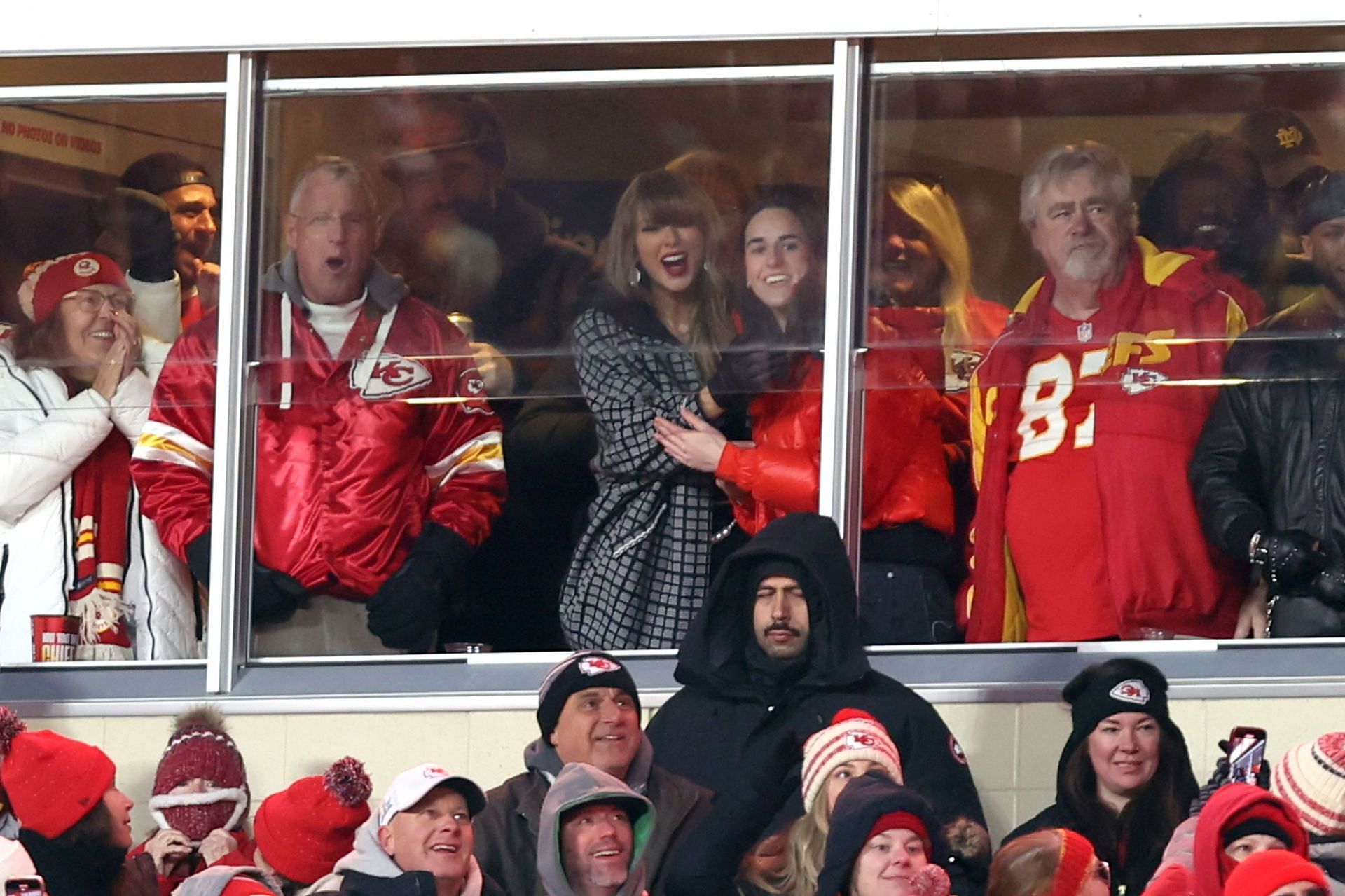 Taylor Swift and Caitlin Clark celebrate during an NFL football game between the Houston Texans and Kansas City Chiefs. (Credits: Getty)