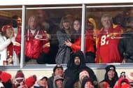 Taylor Swift and Caitlin Clark celebrate during an NFL football game between the Houston Texans and Kansas City Chiefs. (Credits: Getty)