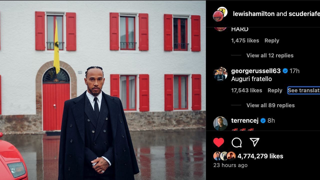 George Russel&#039;s comment (R) on Lewis Hamilton&#039;s Instagram post [@lewishamilton] (L)