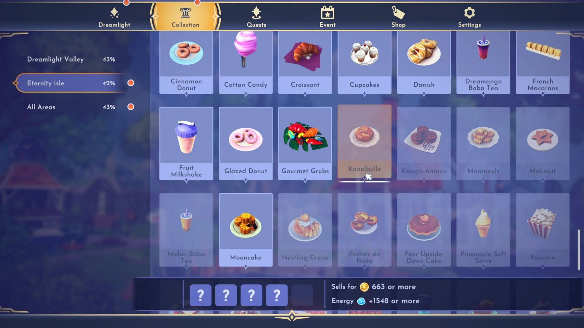 This dessert restores 1,548 energy if consumed, and can sell for 663 Star Coins at a Goofy&#039;s Stall (Image via Gameloft)